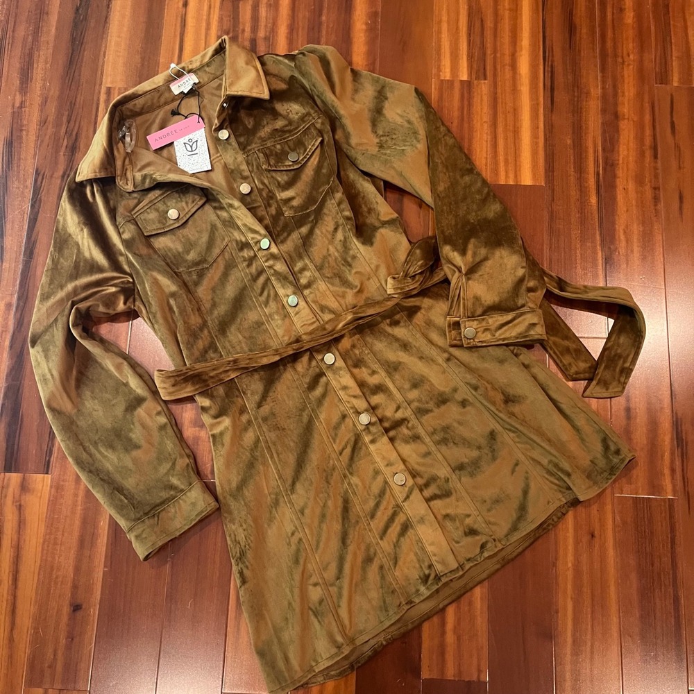 Brown Velvet Shirt Dress Andree by Unit Camel Brown Button Belted Mini New Large